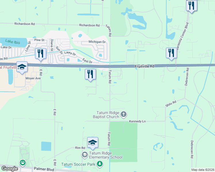 map of restaurants, bars, coffee shops, grocery stores, and more near 89 Shannon Road in Sarasota
