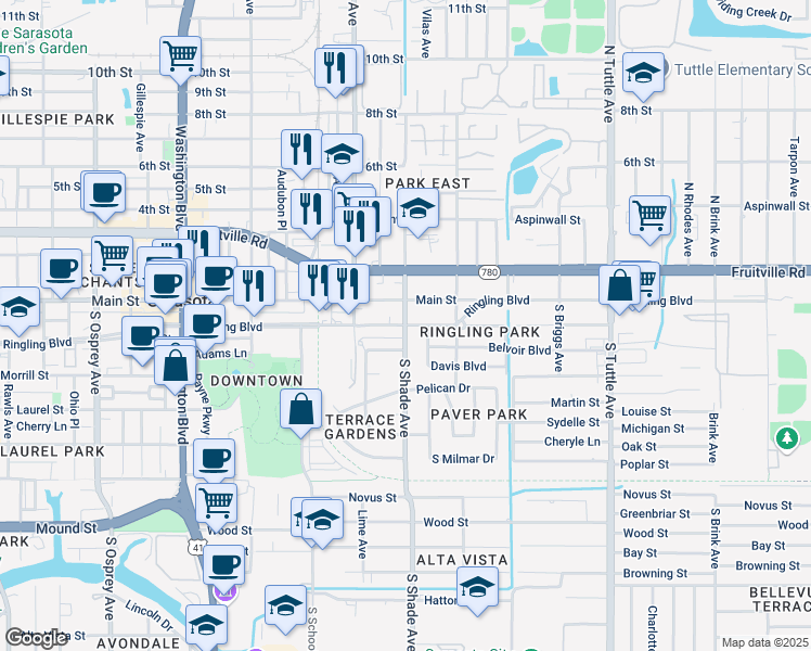 map of restaurants, bars, coffee shops, grocery stores, and more near S Shade Ave & Ringling Blvd in Sarasota