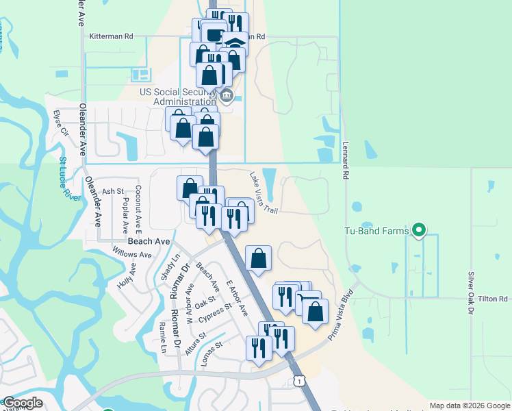 map of restaurants, bars, coffee shops, grocery stores, and more near 1 Lake Vista Trail in Port St. Lucie