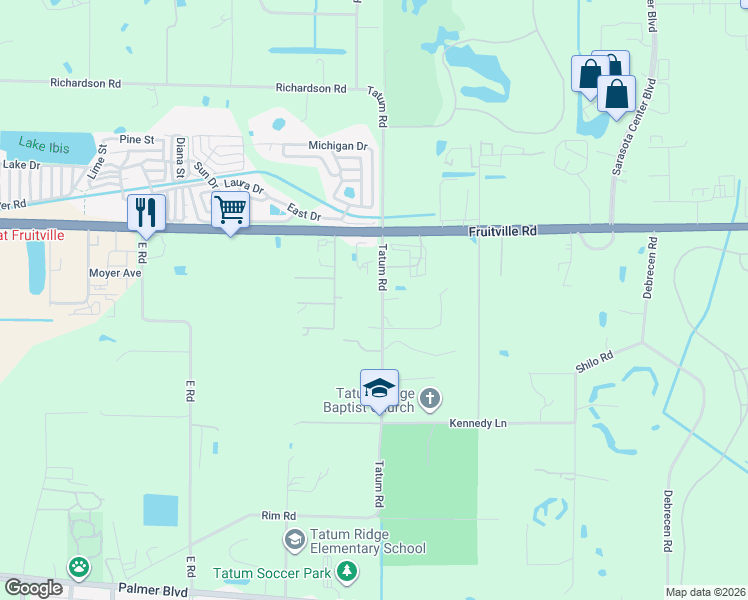map of restaurants, bars, coffee shops, grocery stores, and more near 89 Shannon Road in Sarasota