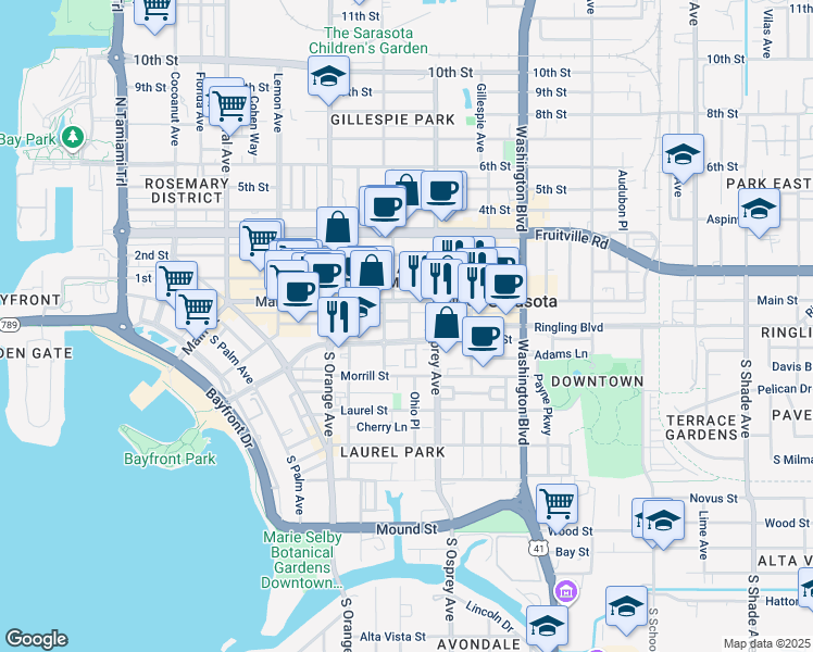 map of restaurants, bars, coffee shops, grocery stores, and more near 1718 Main Street in Sarasota