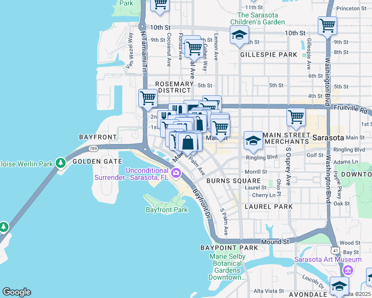 map of restaurants, bars, coffee shops, grocery stores, and more near 1355 Main Street in Sarasota