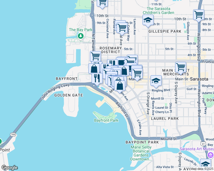 map of restaurants, bars, coffee shops, grocery stores, and more near 1258 North Palm Avenue in Sarasota
