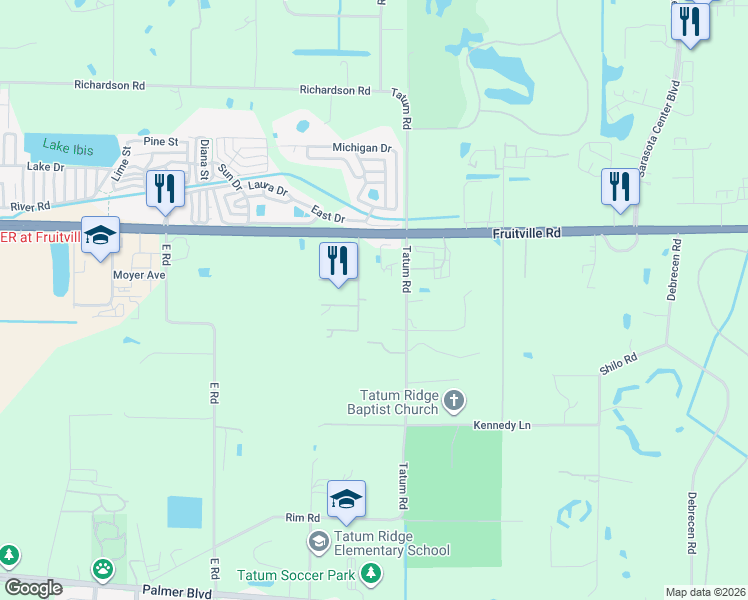 map of restaurants, bars, coffee shops, grocery stores, and more near 89 Shannon Road in Sarasota