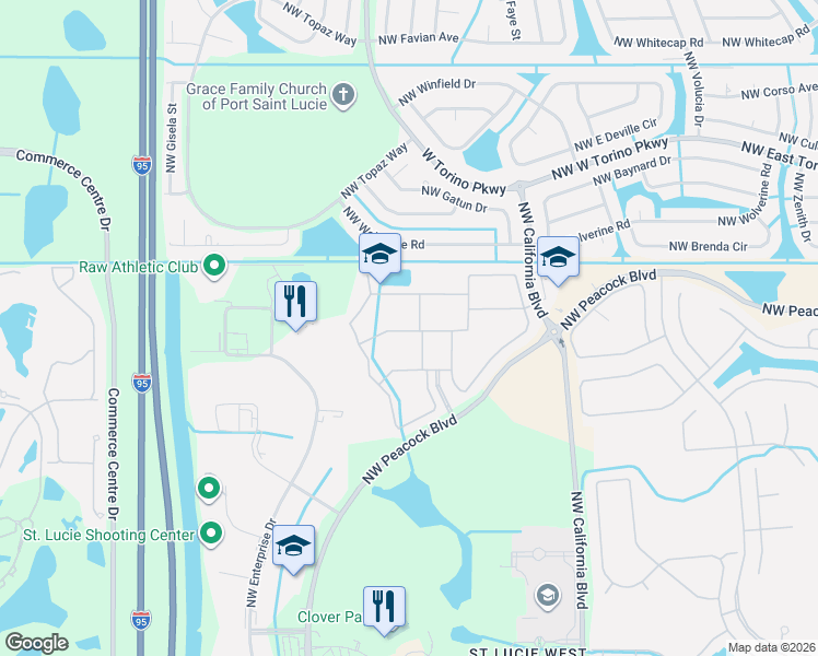 map of restaurants, bars, coffee shops, grocery stores, and more near 405 Northwest Chipshot Lane in Port St. Lucie