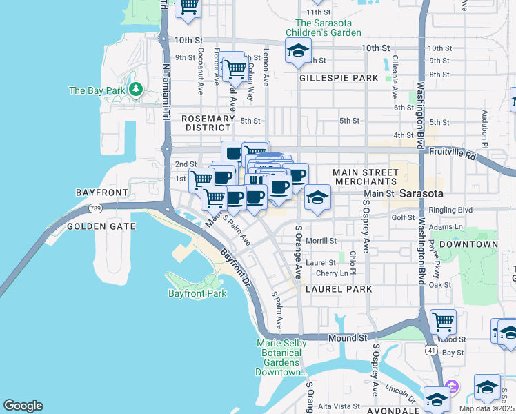 map of restaurants, bars, coffee shops, grocery stores, and more near 1537 Main Street in Sarasota