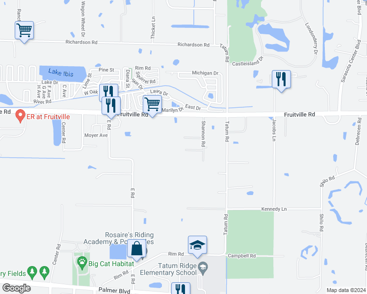 map of restaurants, bars, coffee shops, grocery stores, and more near 100 Shannon Road in Sarasota
