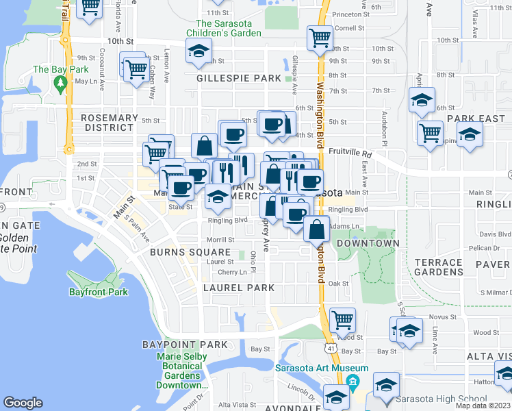 map of restaurants, bars, coffee shops, grocery stores, and more near 32 South Osprey Avenue in Sarasota
