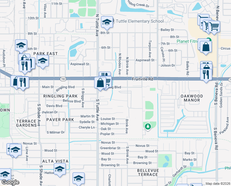 map of restaurants, bars, coffee shops, grocery stores, and more near 2890 Ringling Boulevard in Sarasota