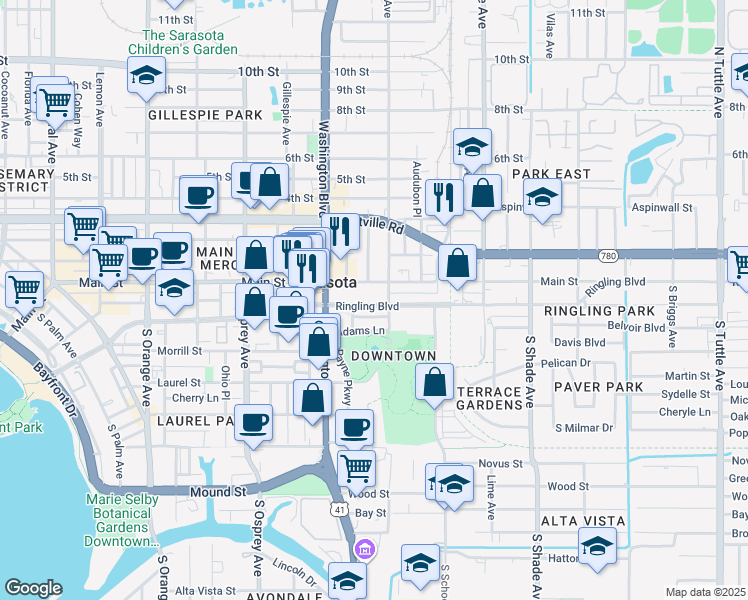 map of restaurants, bars, coffee shops, grocery stores, and more near 2071 Ringling Boulevard in Sarasota