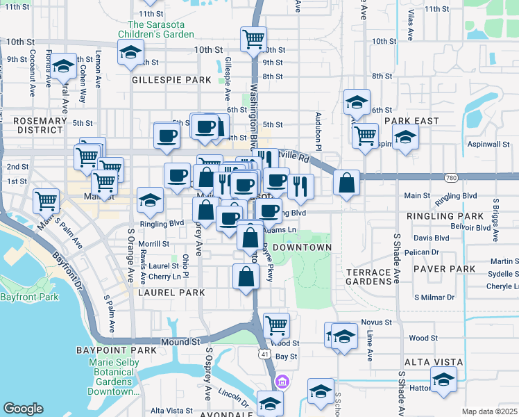 map of restaurants, bars, coffee shops, grocery stores, and more near in Sarasota