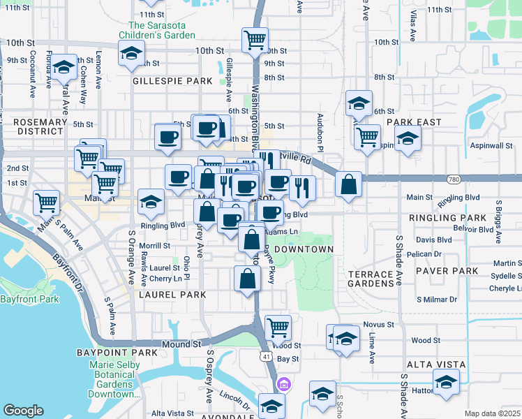 map of restaurants, bars, coffee shops, grocery stores, and more near 2000 Main Street in Sarasota