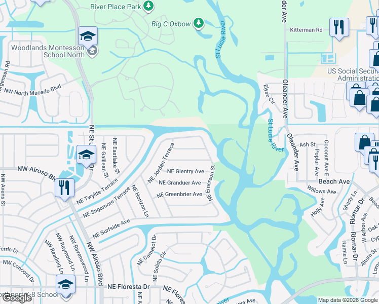 map of restaurants, bars, coffee shops, grocery stores, and more near 374 Northeast Genesee Avenue in Port St. Lucie