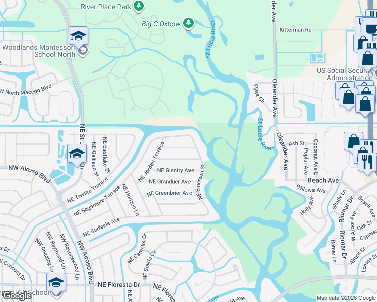 map of restaurants, bars, coffee shops, grocery stores, and more near 374 Northeast Genesee Avenue in Port St. Lucie