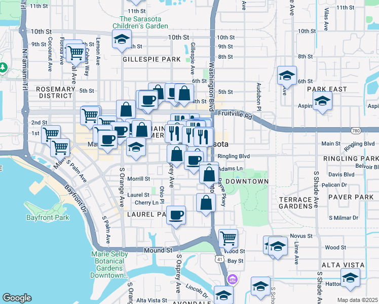 map of restaurants, bars, coffee shops, grocery stores, and more near 11 South Links Avenue in Sarasota