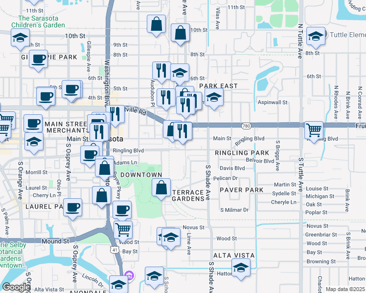 map of restaurants, bars, coffee shops, grocery stores, and more near 2301 Ringling Boulevard in Sarasota
