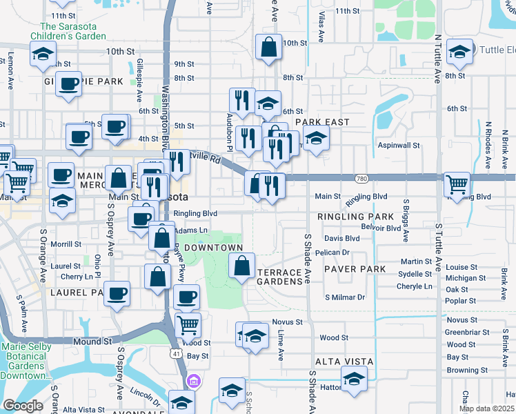map of restaurants, bars, coffee shops, grocery stores, and more near 2243 Ringling Boulevard in Sarasota