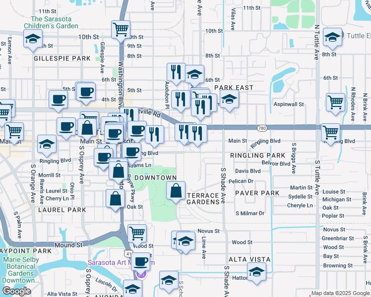 map of restaurants, bars, coffee shops, grocery stores, and more near 2243 Ringling Boulevard in Sarasota