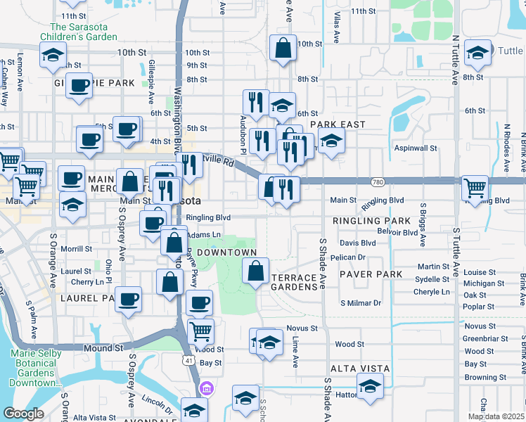map of restaurants, bars, coffee shops, grocery stores, and more near 2243 Ringling Boulevard in Sarasota