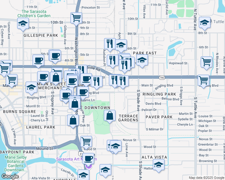 map of restaurants, bars, coffee shops, grocery stores, and more near 2243 Ringling Boulevard in Sarasota