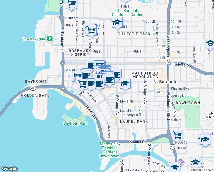 map of restaurants, bars, coffee shops, grocery stores, and more near 1537 Main Street in Sarasota