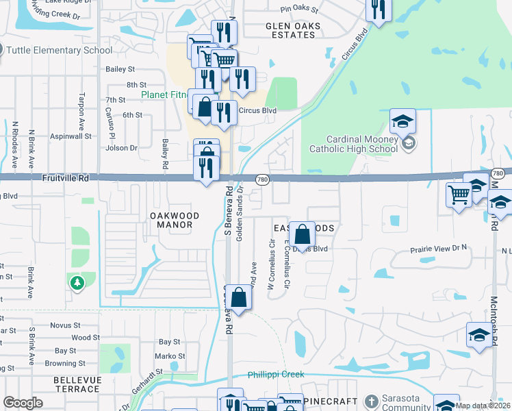 map of restaurants, bars, coffee shops, grocery stores, and more near 80 Maggie Lane in Sarasota
