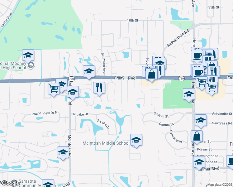 map of restaurants, bars, coffee shops, grocery stores, and more near 148 Tall Trees Court in Sarasota