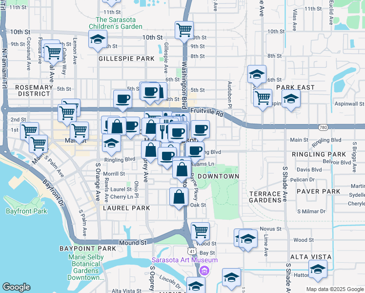 map of restaurants, bars, coffee shops, grocery stores, and more near in Sarasota