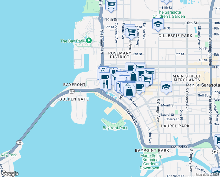 map of restaurants, bars, coffee shops, grocery stores, and more near 1258 North Palm Avenue in Sarasota