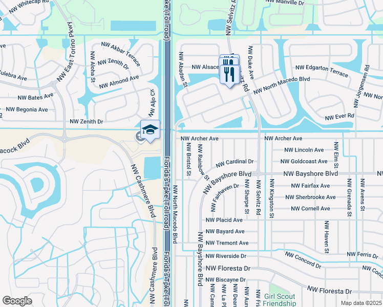 map of restaurants, bars, coffee shops, grocery stores, and more near 766 Northwest Bristol Street in Port St. Lucie