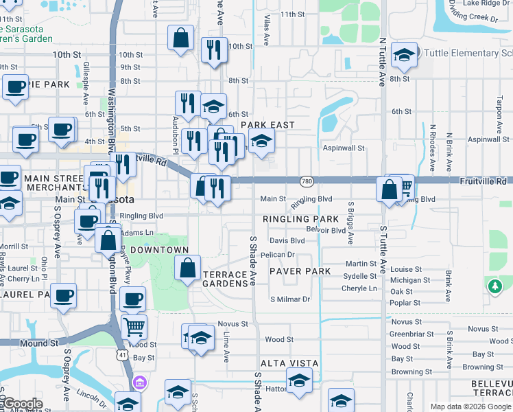 map of restaurants, bars, coffee shops, grocery stores, and more near 2389 Ringling Boulevard in Sarasota