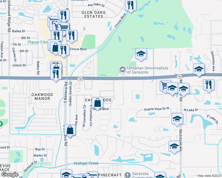 map of restaurants, bars, coffee shops, grocery stores, and more near 3877 Wolverine Street in Sarasota