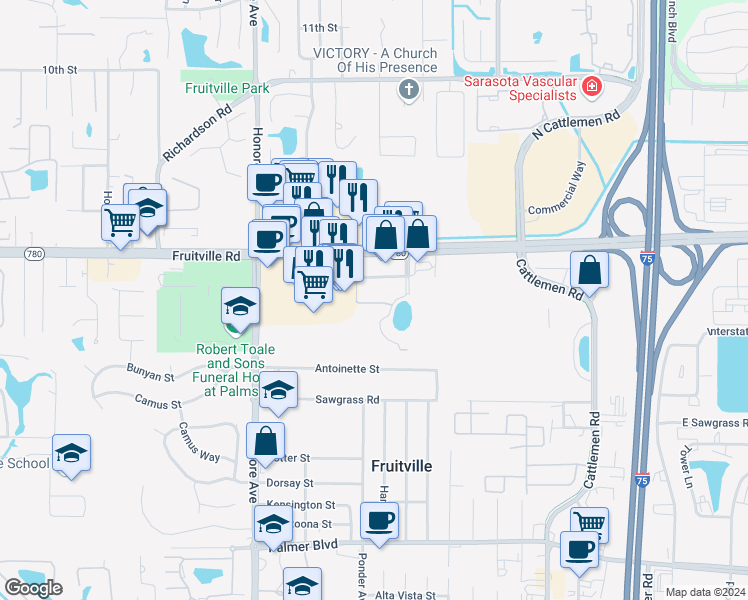 map of restaurants, bars, coffee shops, grocery stores, and more near 170 Paramount Drive in Sarasota