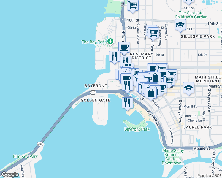 map of restaurants, bars, coffee shops, grocery stores, and more near 1 North Tamiami Trail in Sarasota