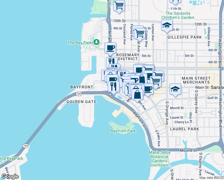 map of restaurants, bars, coffee shops, grocery stores, and more near 2 North Tamiami Trail in Sarasota