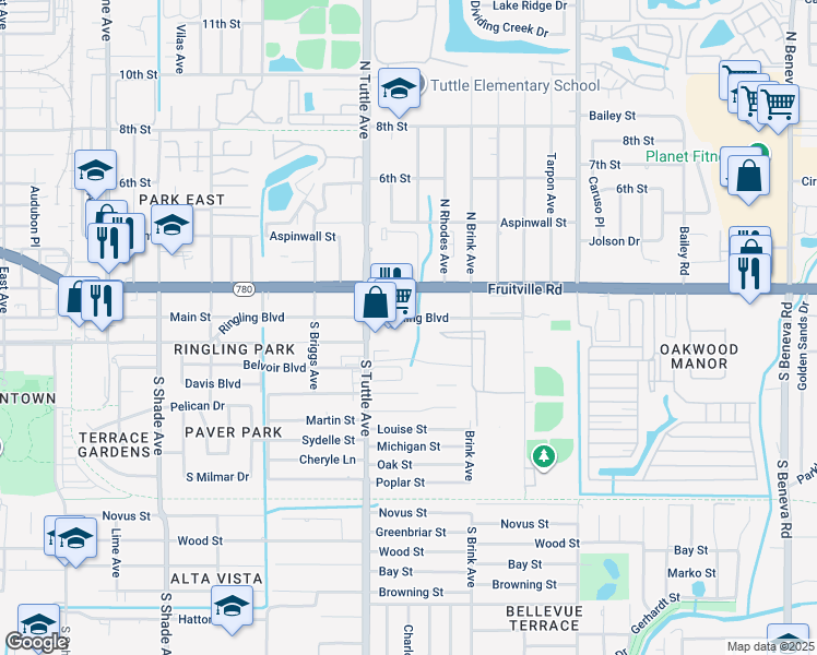 map of restaurants, bars, coffee shops, grocery stores, and more near 2886 Ringling Boulevard in Sarasota