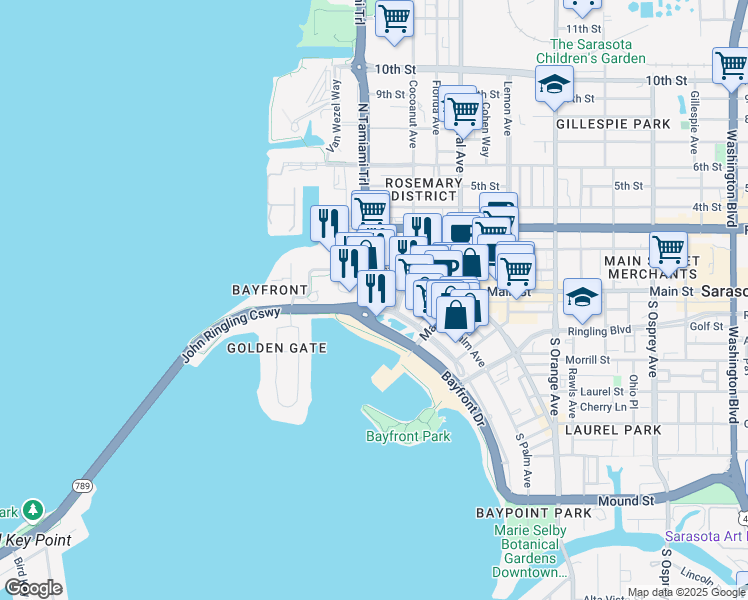 map of restaurants, bars, coffee shops, grocery stores, and more near 2 North Tamiami Trail in Sarasota