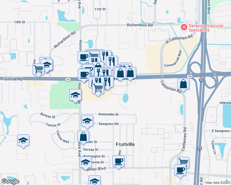 map of restaurants, bars, coffee shops, grocery stores, and more near 170 Paramount Drive in Sarasota