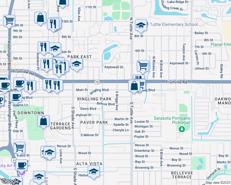 map of restaurants, bars, coffee shops, grocery stores, and more near 2686 Ringling Boulevard in Sarasota