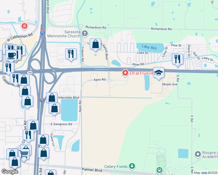 map of restaurants, bars, coffee shops, grocery stores, and more near 51 Coburn Road in Sarasota