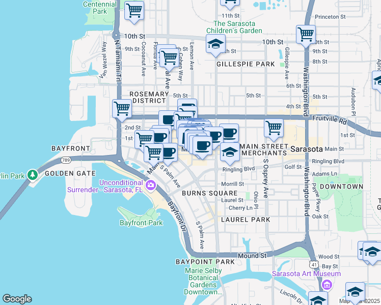 map of restaurants, bars, coffee shops, grocery stores, and more near 1537 Main Street in Sarasota