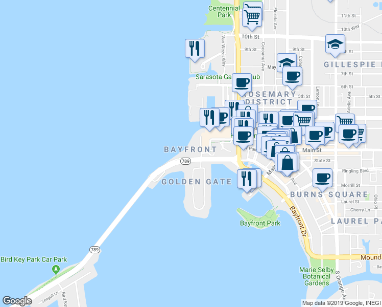 map of restaurants, bars, coffee shops, grocery stores, and more near in Sarasota