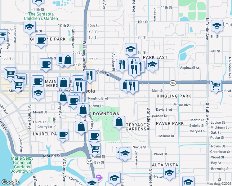 map of restaurants, bars, coffee shops, grocery stores, and more near 2170 Main Street in Sarasota