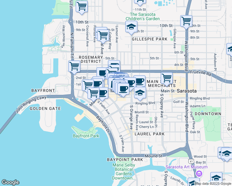 map of restaurants, bars, coffee shops, grocery stores, and more near 1490 Main Street in Sarasota
