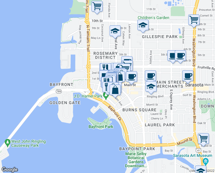map of restaurants, bars, coffee shops, grocery stores, and more near 1289 North Palm Avenue in Sarasota