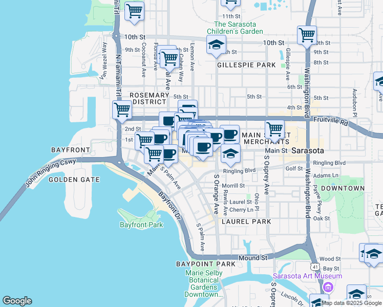 map of restaurants, bars, coffee shops, grocery stores, and more near 1490 Main Street in Sarasota