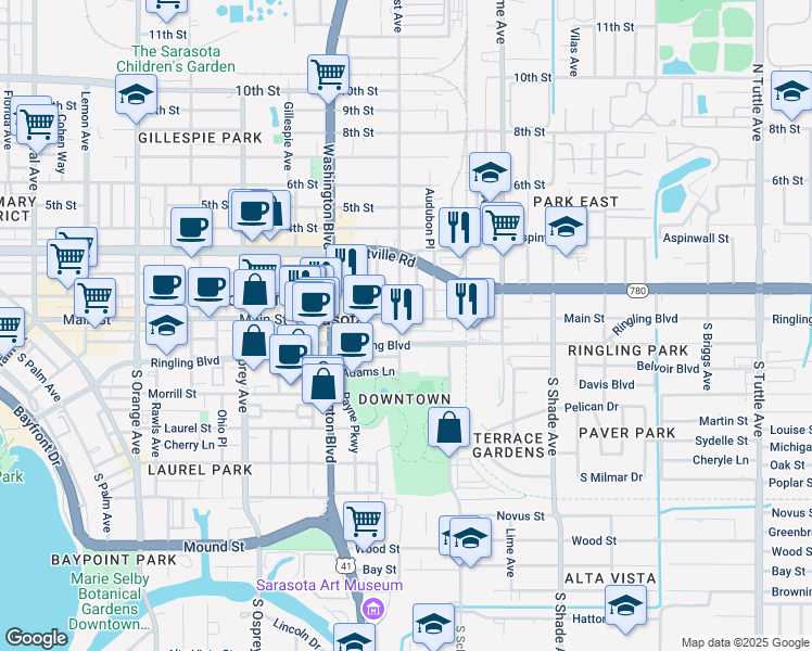 map of restaurants, bars, coffee shops, grocery stores, and more near 2071 Ringling Boulevard in Sarasota