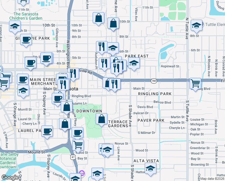 map of restaurants, bars, coffee shops, grocery stores, and more near 2301 Ringling Boulevard in Sarasota