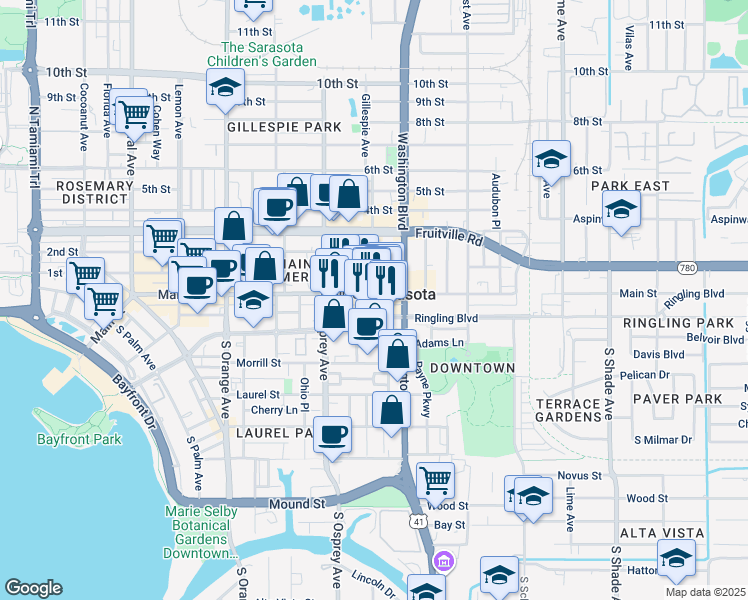map of restaurants, bars, coffee shops, grocery stores, and more near 11 South Links Avenue in Sarasota