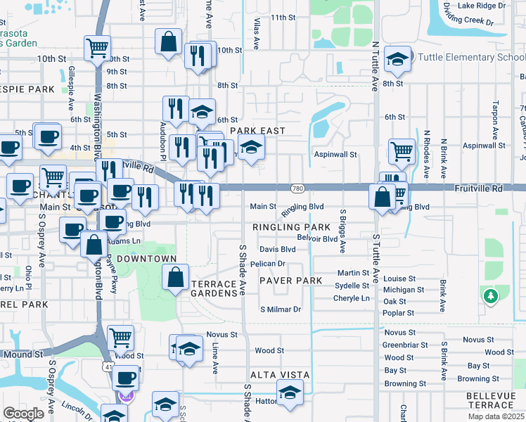 map of restaurants, bars, coffee shops, grocery stores, and more near 2452 Main Street in Sarasota